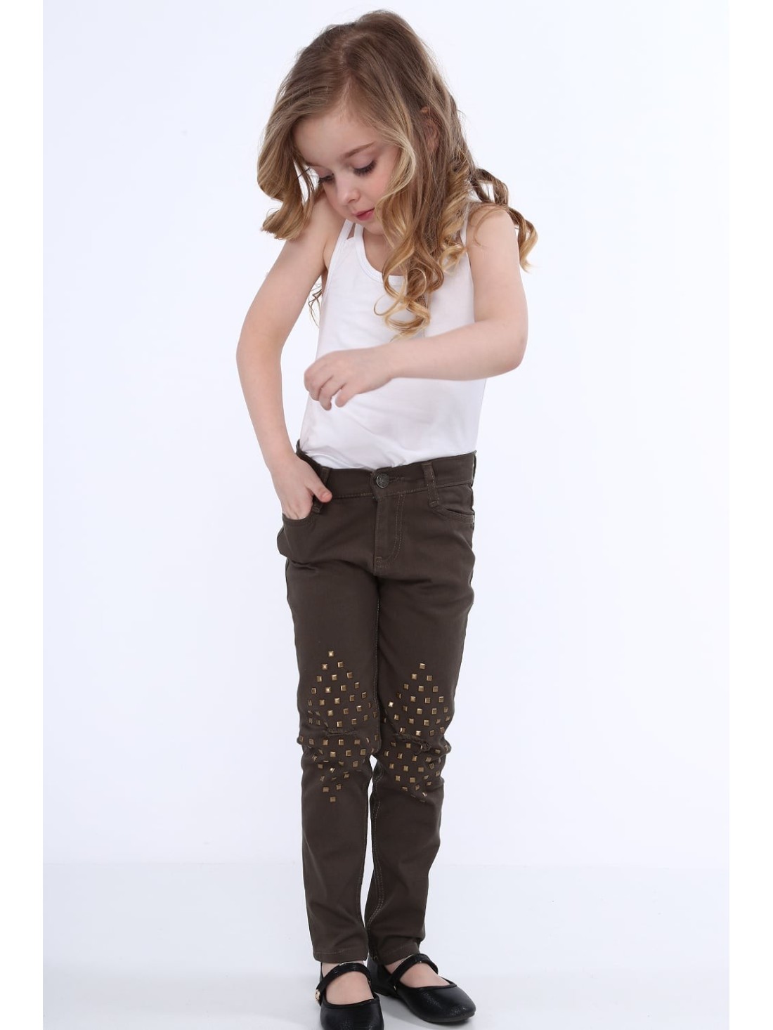 Mädchenhose mit flachen Nieten, Khaki NDZ310 – Online-Shop – Boutique